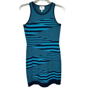 Milly Vintage 80s Blue Geometric Patterned Sleeveless Midi Bodycon Dress S